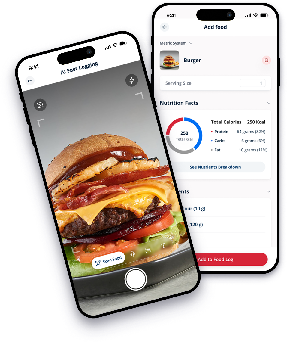 Macro AI food logging app shown on two phones