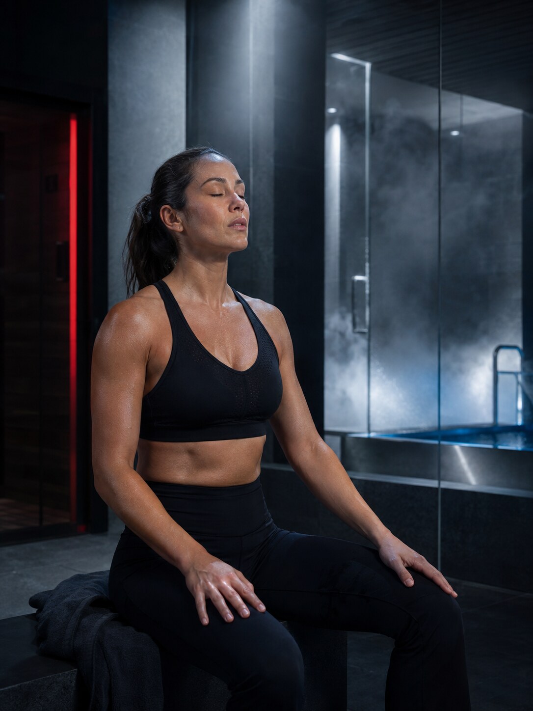 An athlete using guided breathwork in a modern recovery lab
